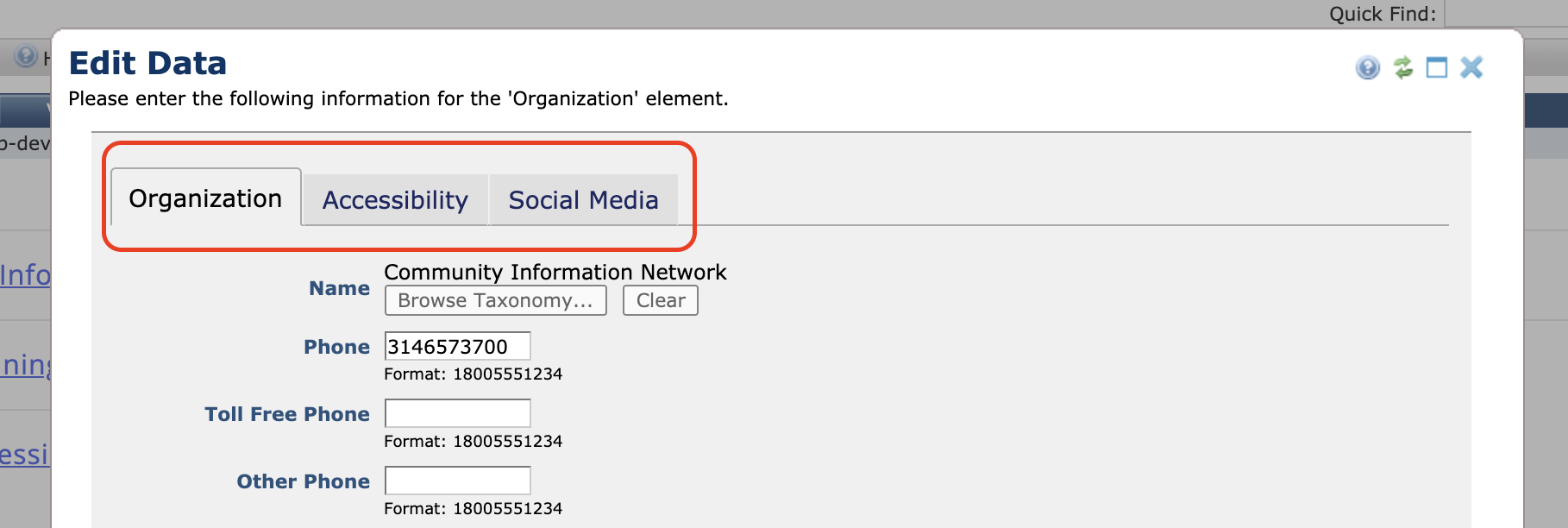 Organization contact element tabs