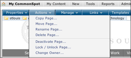 CommonSpot 7 Actions Menu