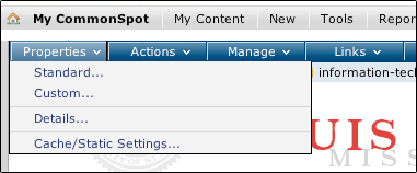 CommonSpot 7 Properties Menu