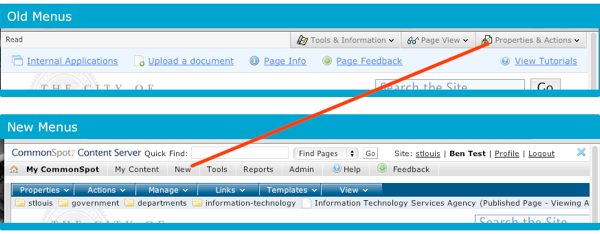 Properties & Actions menu items that deal with new content have moved to the New menu.