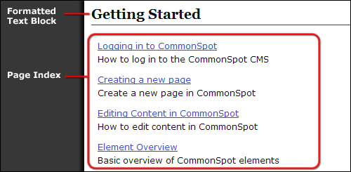 Page index element showing page descriptions