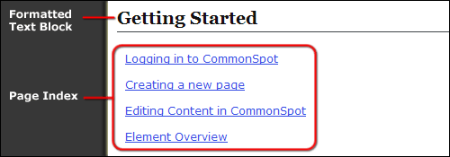 A page index element using the default layout