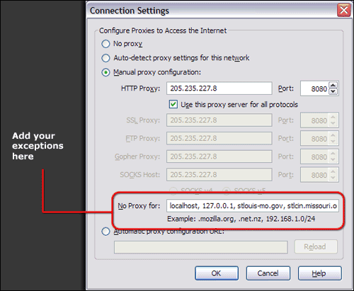 Adding proxy exceptions in Firefox