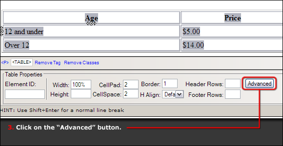 Table's advanced button