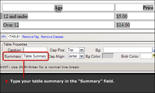 Table's summary field