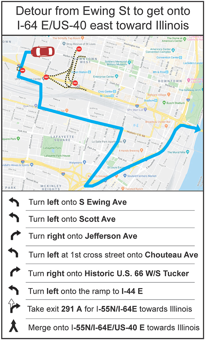 Detour from Ewing St. to get onto I-64 E/US-40 E toward Illinois