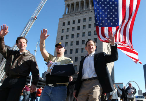 U.S. Rep. Russ Carnahan, Army veteran Justin Petty and Mayor Francis G. Slay