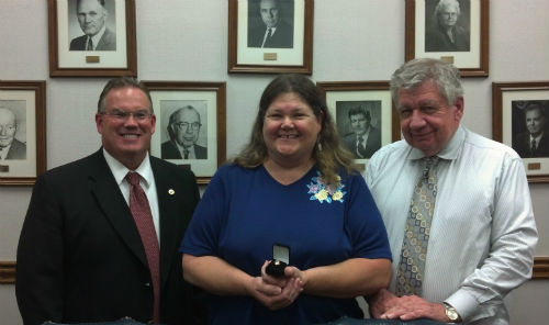 Rich Bradley Jeanne Davis Joe Kuss at City Hall on Aug. 15, 2012, for Davis' 40-year service pin presentation.